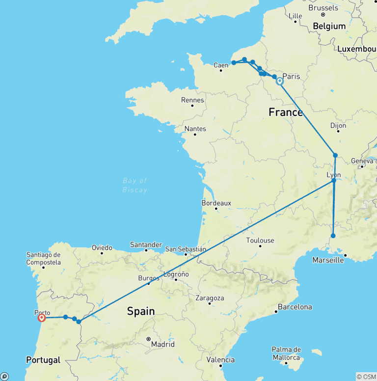 Map of France and Portugal Encounter 2027 - 31 Days (from Paris to Porto)