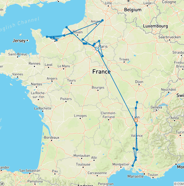 Map of Normandy & Gems of the Seine & Spectacular South of France 2027 - 21 Days