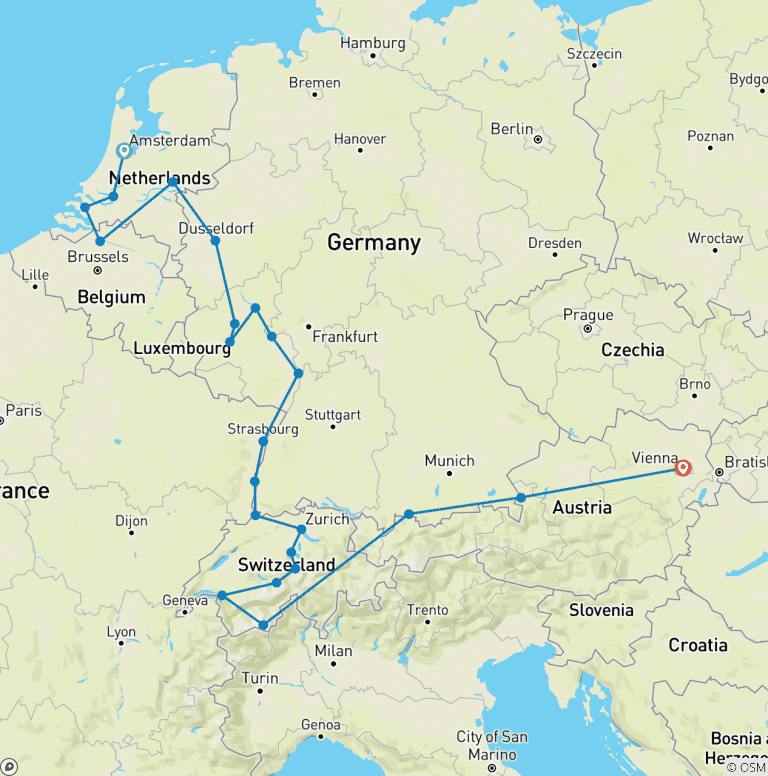 Map of Romantic Rhine & Moselle with Wonders of Switzerland & Austria 2026 - 29 Days (from Amsterdam to Vienna)