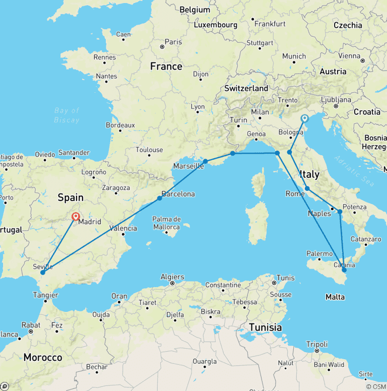 Map of 20 Days Italy France  Spain Tour – 4-Star Hotels | NCL Med Cruise with Meals