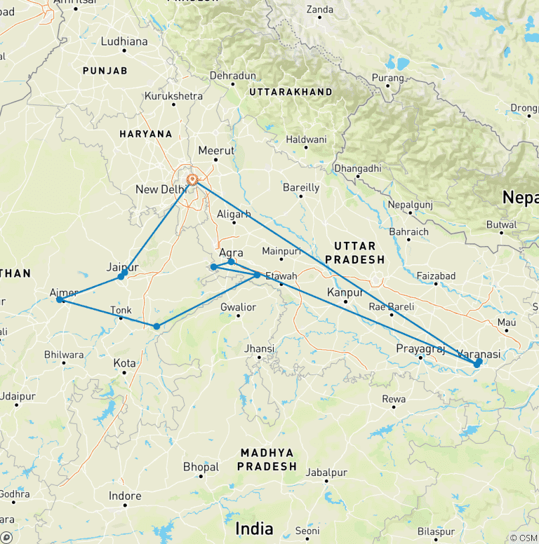 Map of Highlights of Northern India (October Onwards)