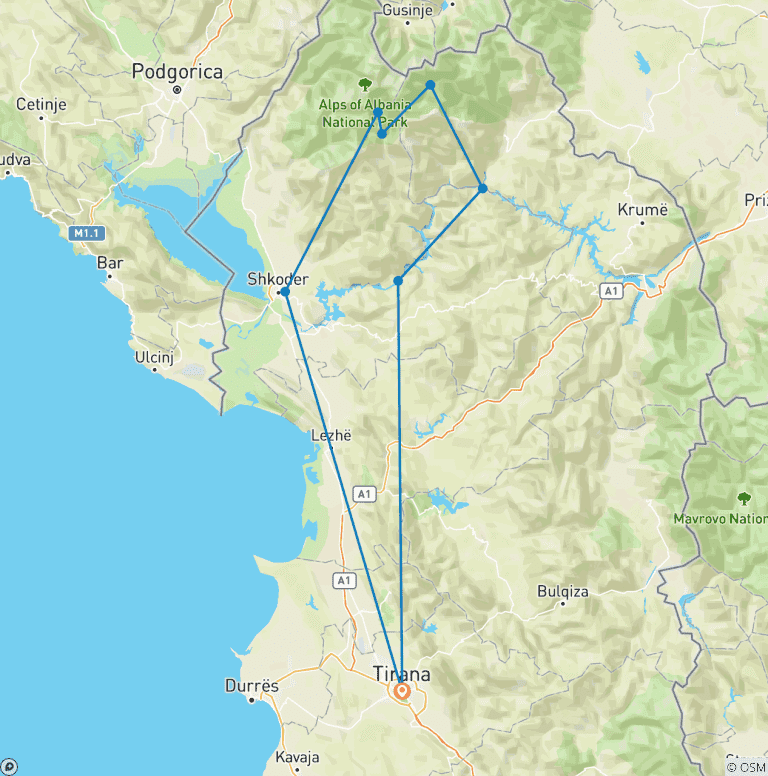 Map of Albania 6 Day Hike Tour