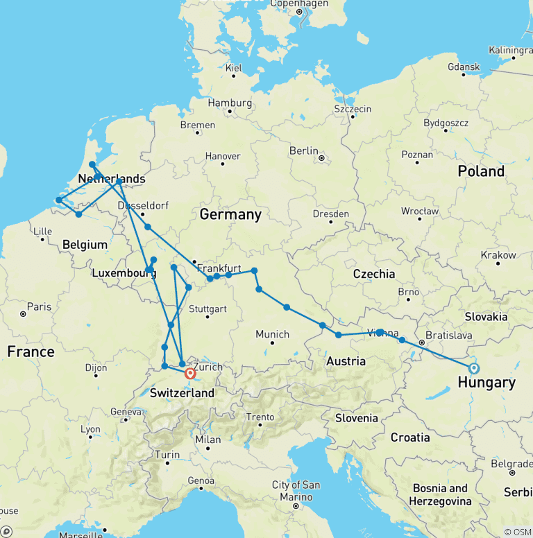 Map of Jewels of Europe & Romantic Rhine & Moselle 2026 - 29 Days (28 destinations)
