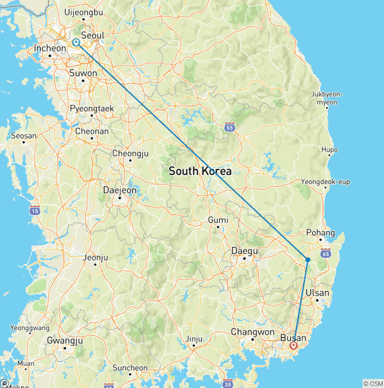 Map of 7 Day South Korea Highlights-Private Family Tour with 4 Star Hotels (No Group, Customizable)