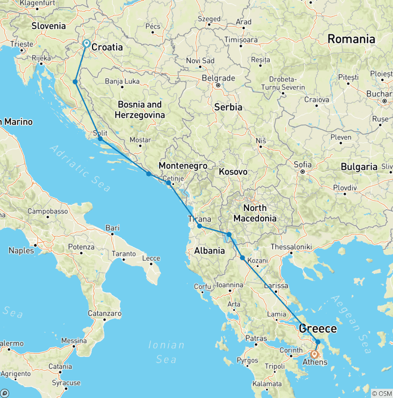 Map of Zagreb to Athens – Croatia Balkans & Greece – Small Group Tour