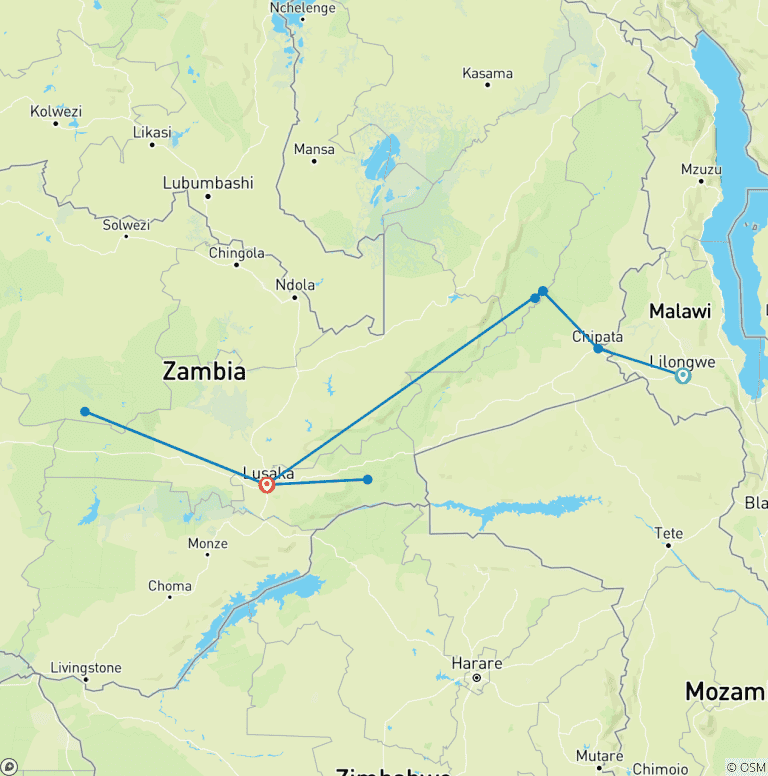 Map of 9-Day Malawi to Zambia Adventure: BIG-5 Classic ‘Best of Zambia’ Safari via Chipata Border”