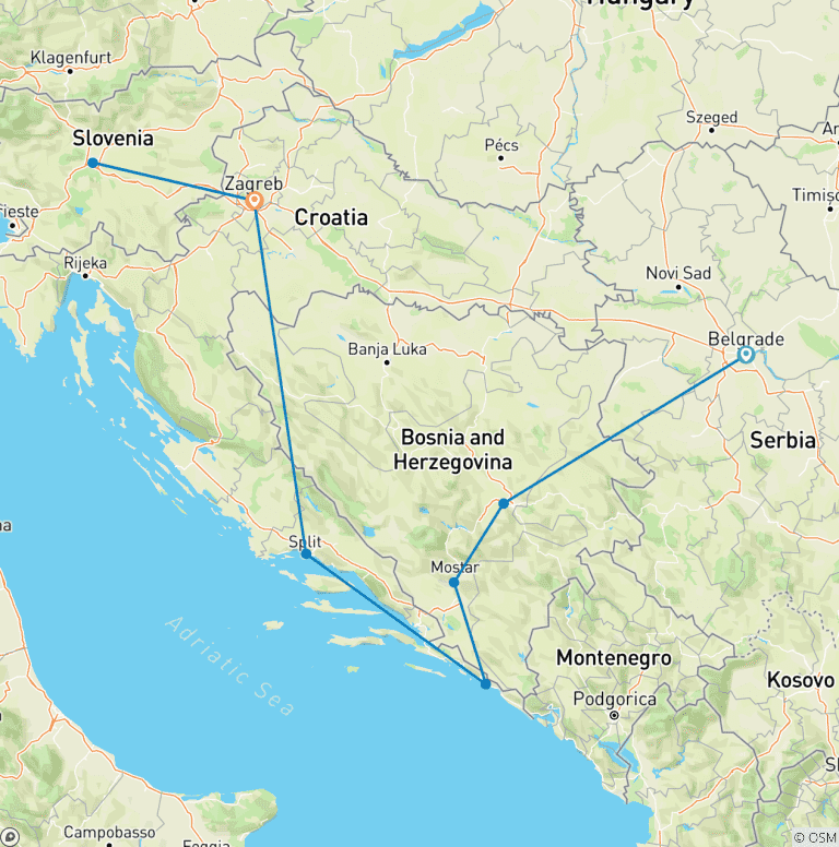 Map of Belgrade to Zagreb  via Dubrovnik (Bled&Plitvica) Small Group Tour