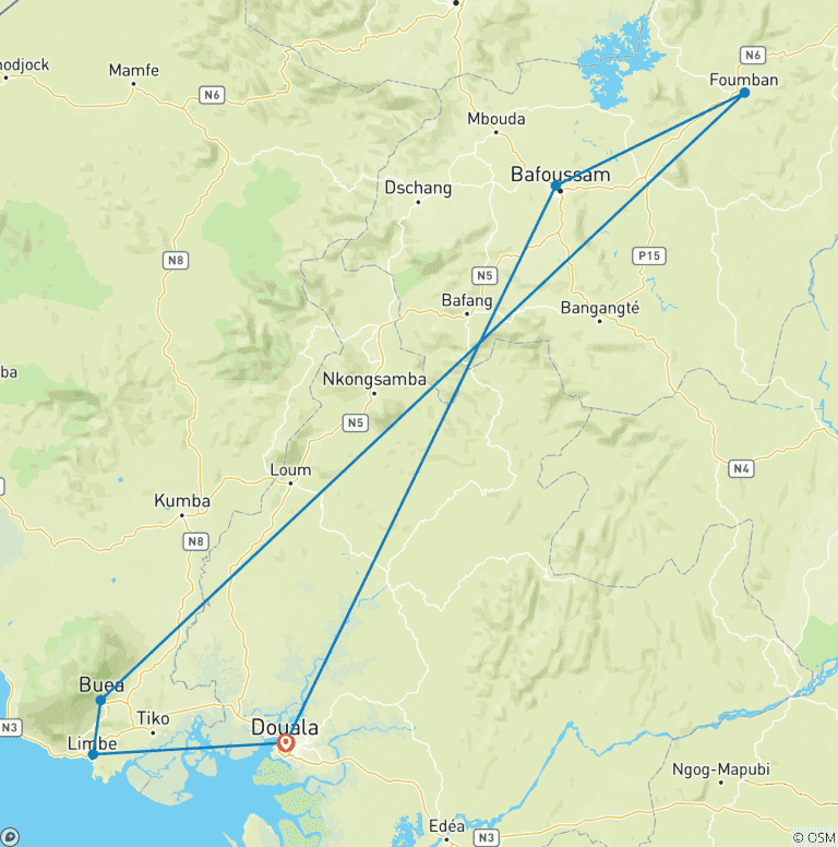 Map of Option 2: Cultural & Coastal Circuit in Cameroon – 9 Days