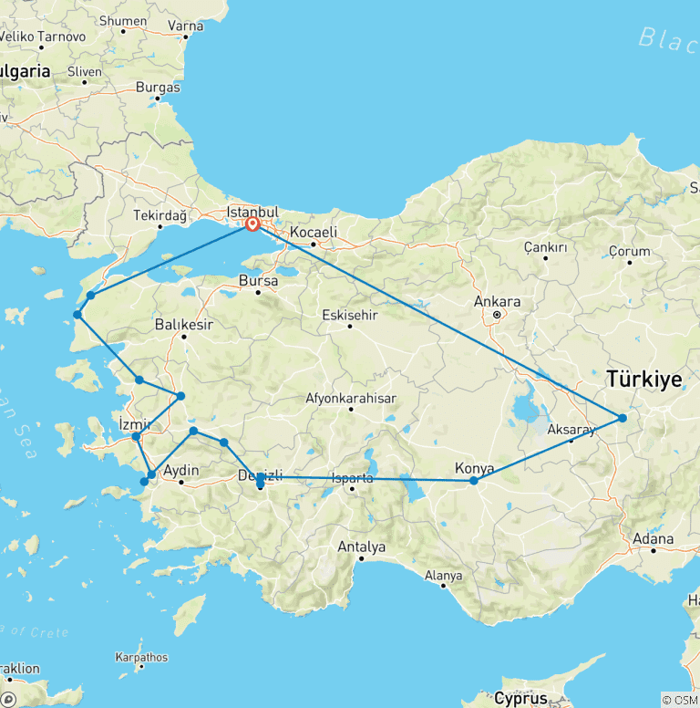 Map of 7 Days Seven Churches Of Revelation Tour  With Cappadocia