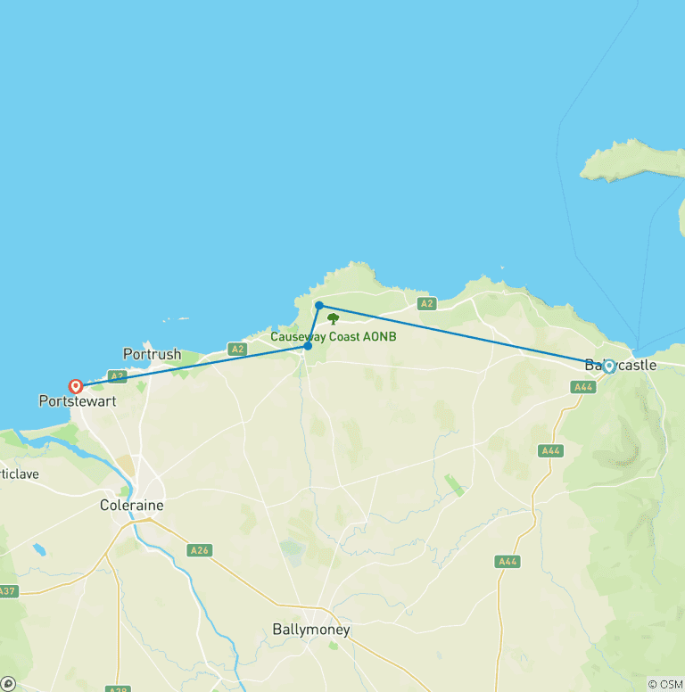 Map of 7-day self-guided hike on the Antrim Causeway Coast 7 Days