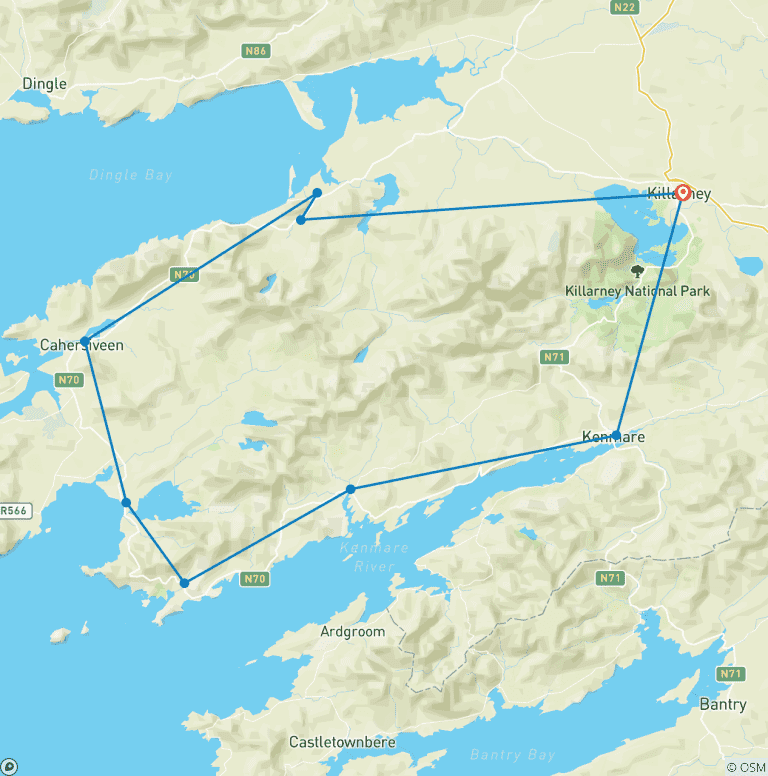 Map of 11-day individual hiking Tour on the Kerry Way 11 Days