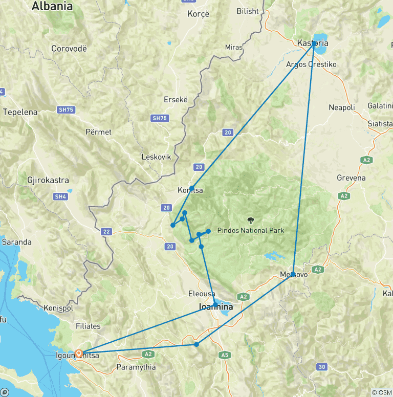 Map of Greece Zagori extended 14 days tour. UNESCO mountain stone villages and ancient stone bridges. Circle tour from Igoumenitsa via history, cuisine, nature.