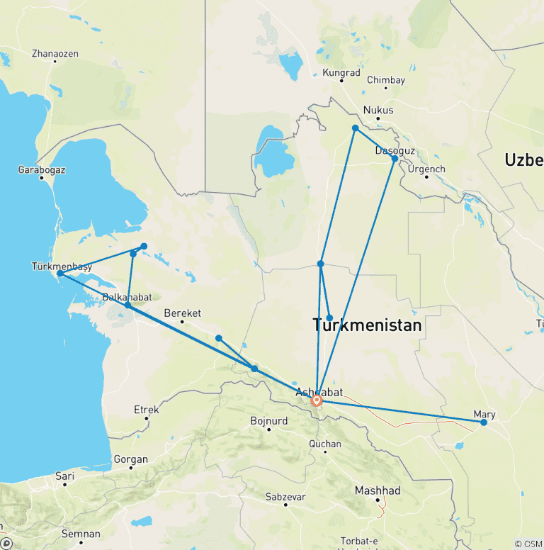 Map of 8-day Turkmenistan Highlights Group Tour