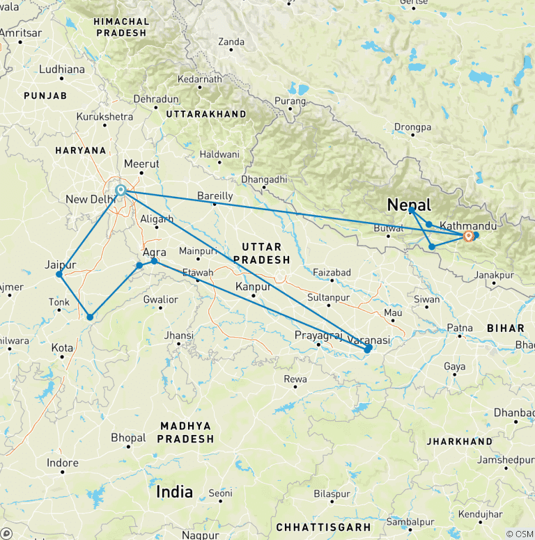 Map of India and Nepal Luxury Trails By G Experiences