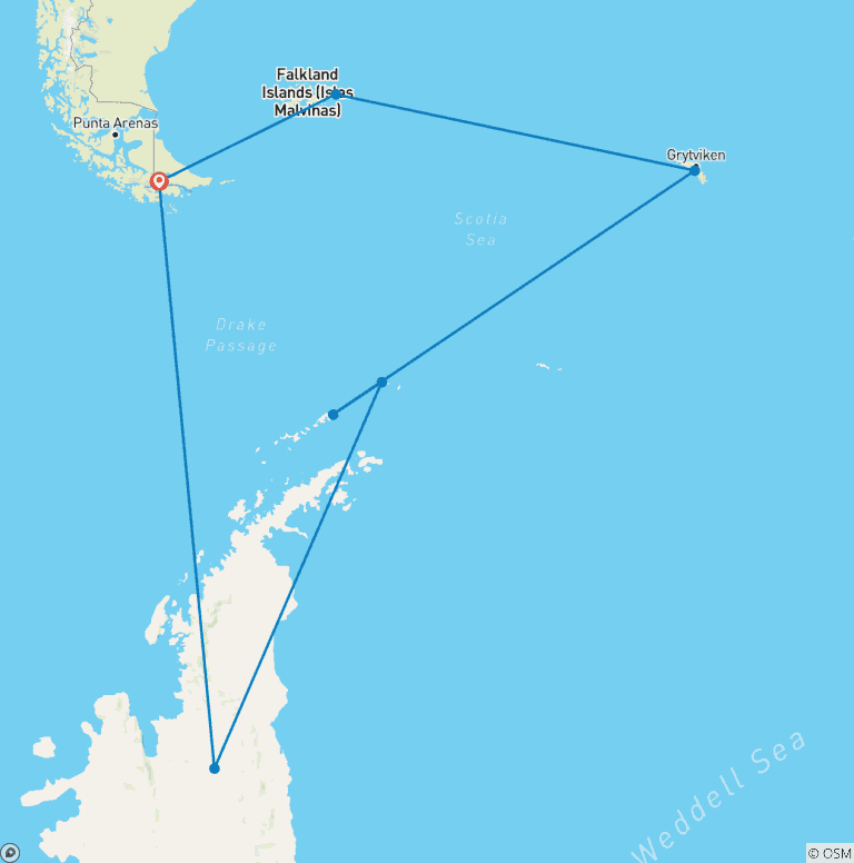 Map of Falklands, South Georgia & Antarctica: Explorers and Kings, Operated by Quark