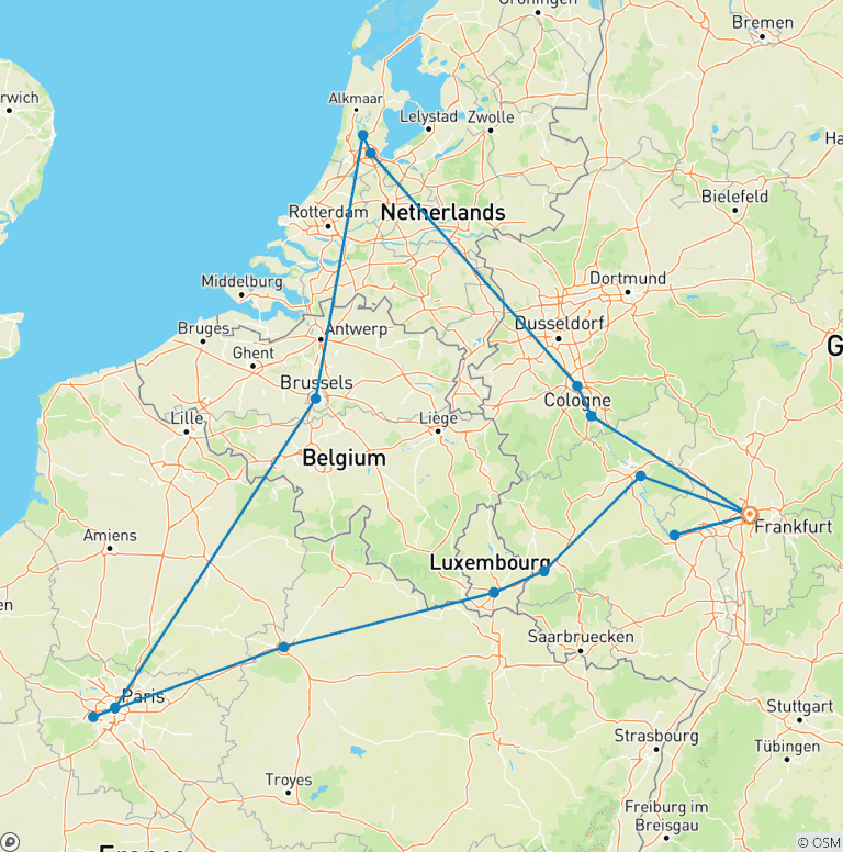 Map of 7-Day Taste of Western Europe Tour to Paris, Amsterdam, Brussels and more!