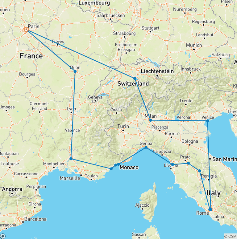 Map of 7-Day Italy, France and Swiss Circular Bus Tour from Paris
