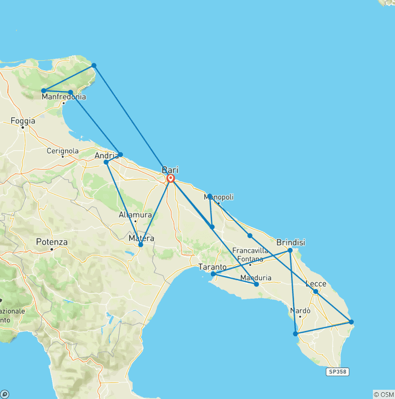 Map of Puglia & Matera 12 days tour departure every Friday