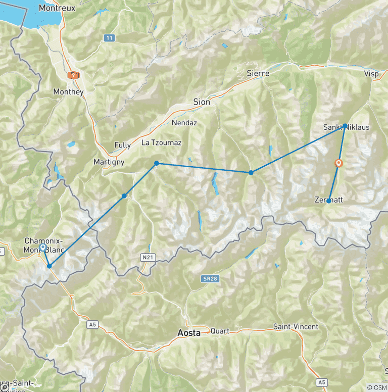 Map of Mont Blanc to the Matterhorn