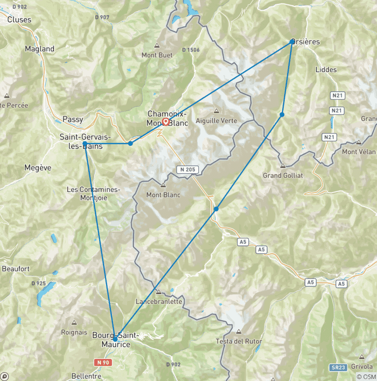 Map of Tour du Mont Blanc Hotel Trek