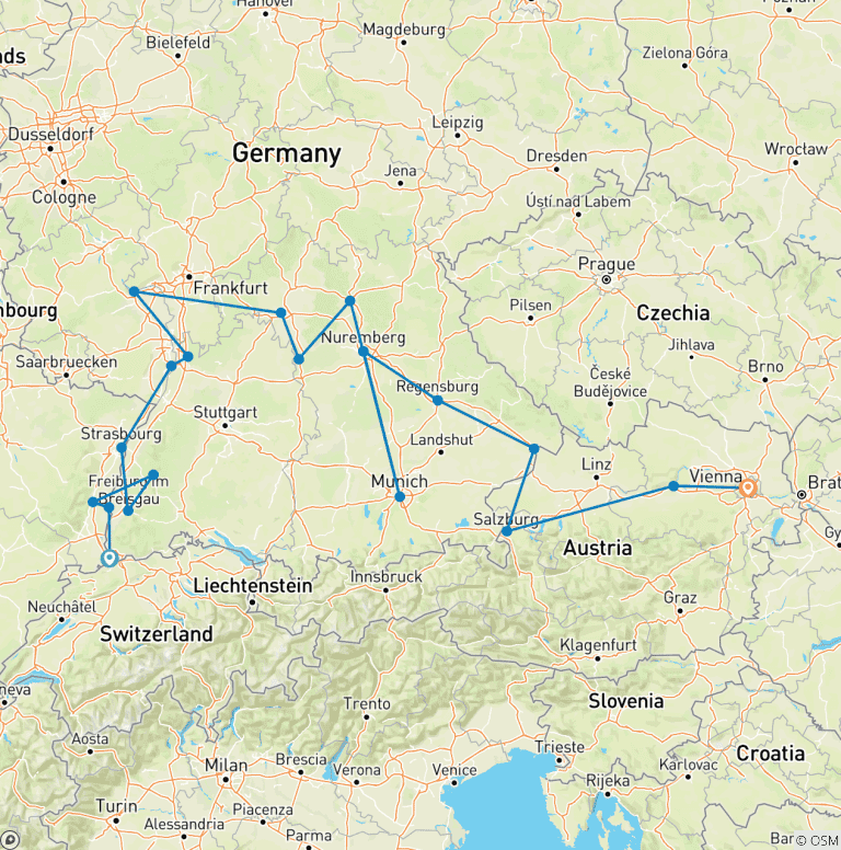 Map of Christmastime from Basel to Vienna 2027