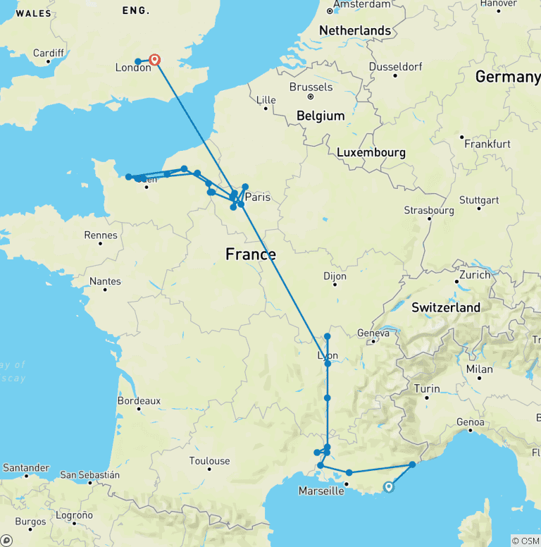 Map of Grand France with 2 Nights in French Riviera & 3 Nights in London (Northbound) 2027