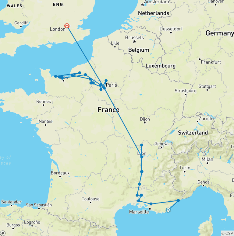Map of A Culinary Experience in Grand France with 2 Nights in French Riviera & 3 Nights in London (Northbound) 2027