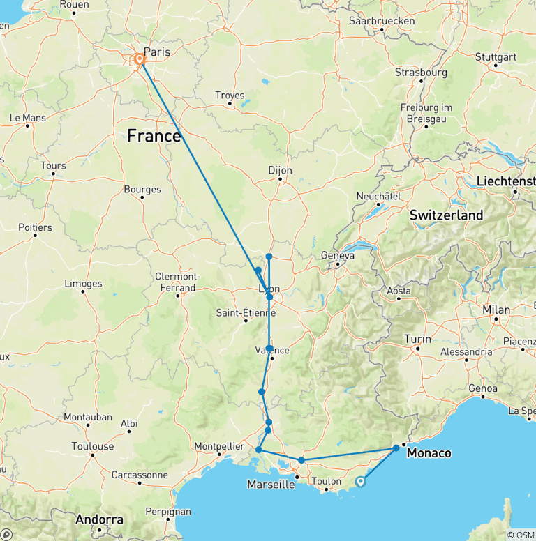 Map of Burgundy & Provence with 2 Nights in French Riviera & 2 Nights in Paris for Wine Lovers (Northbound) 2027