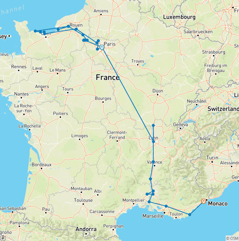 Map of Grand France with 2 Nights in French Riviera (Southbound) 2027
