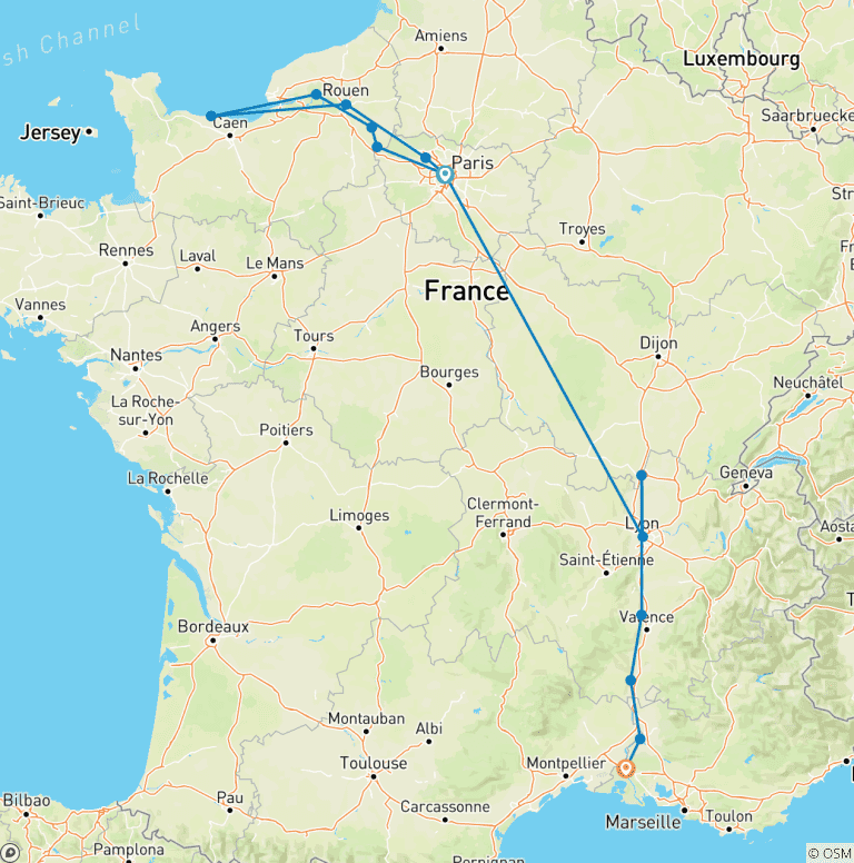 Map of Grand France WWII Remembrance & History Cruise (Southbound)