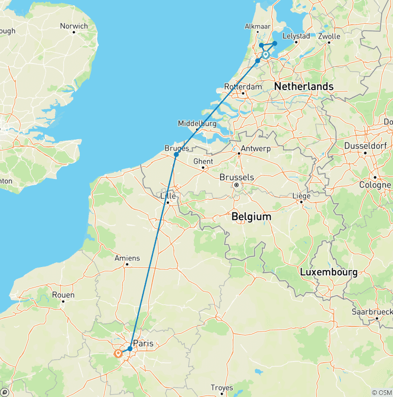 Map of Windmills to Wonders Amsterdam to Paris - 6 days