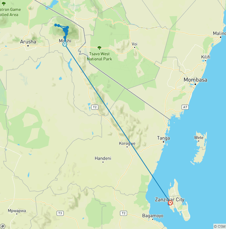 Map of Climb, Connect, Empower: A Transformative Kilimanjaro & Zanzibar Journey