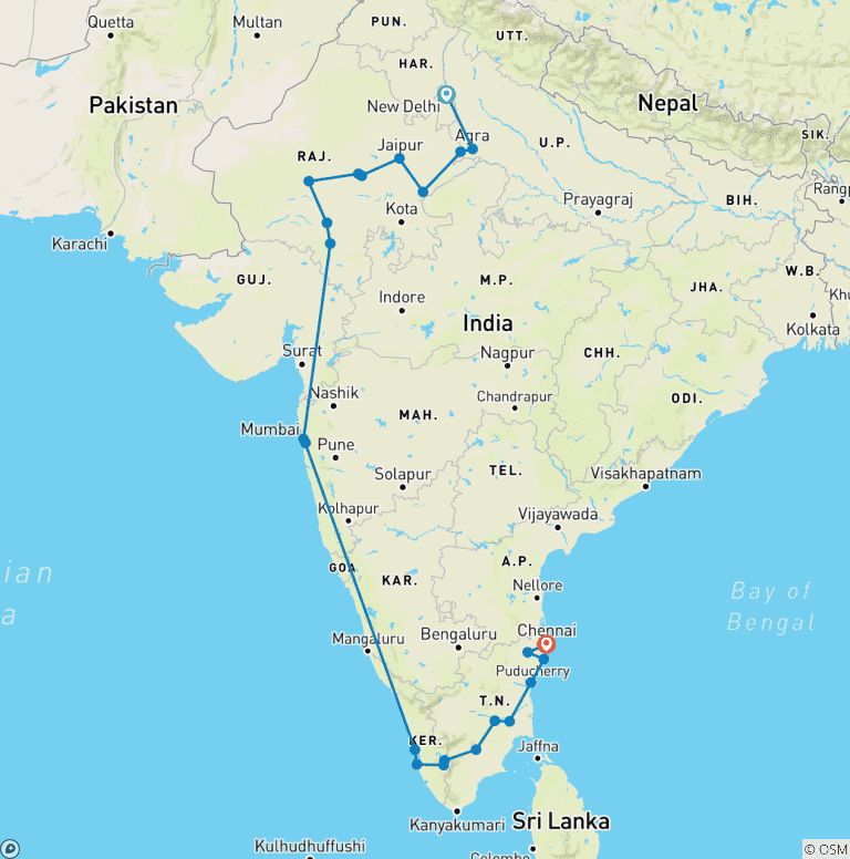 Map of Timeless North and South India Trails By G Experiences