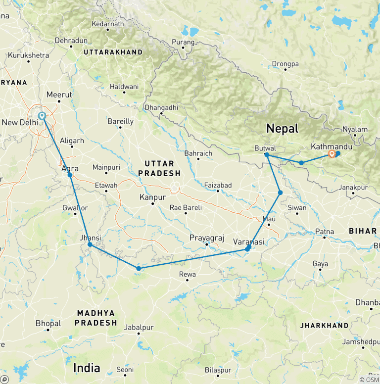 Map of Great India Nepal Heritage Trails By G Experiences