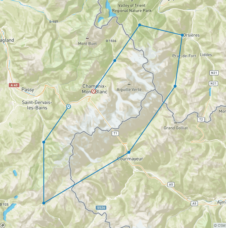Map of Tour du Mont Blanc Classic 10 Day Guided Hike - Women's Only Hike
