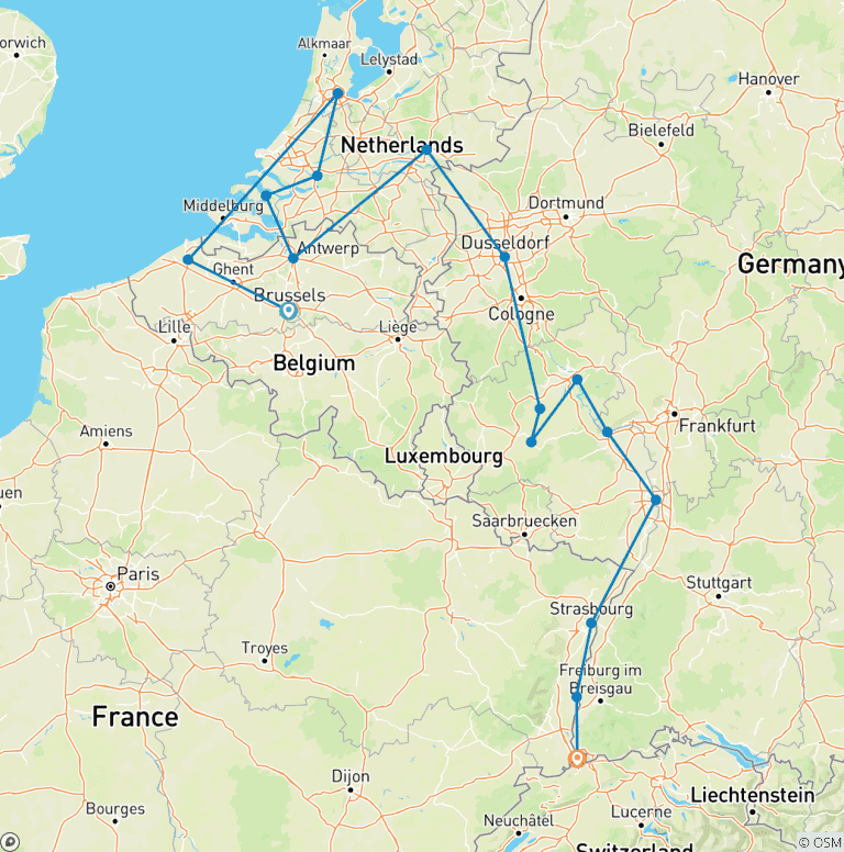 Map of Romantic Rhine & Moselle with Bruges 2027 - 18 Days (from Brussels to Basel)