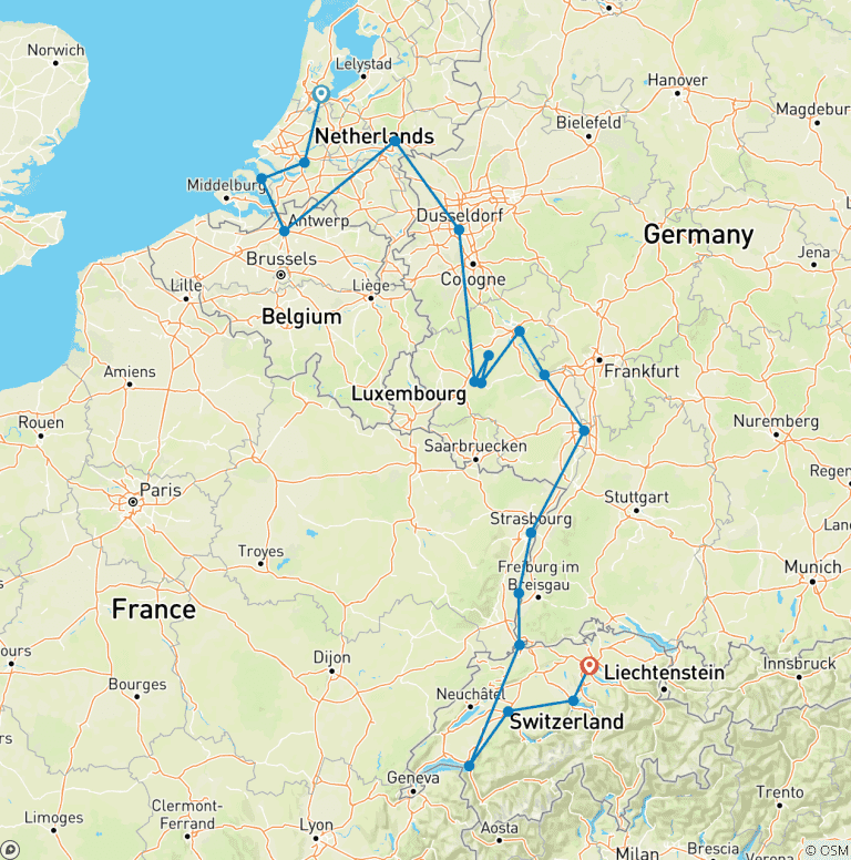 Map of Romantic Rhine & Moselle with Switzerland 2027 - 19 Days