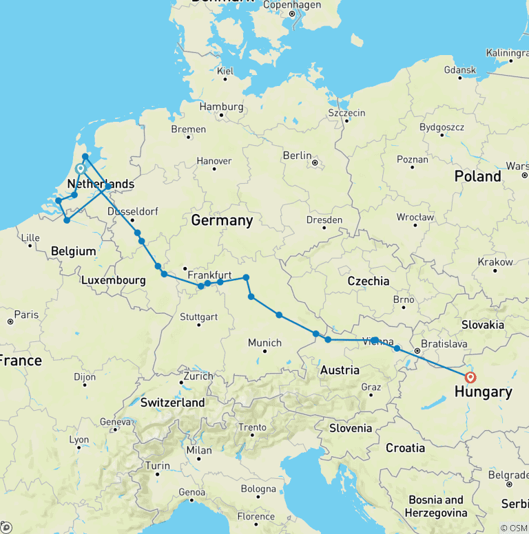 Map of Windmills, Tulips and Belgian Delight with Jewels of Europe 2027 - 22 Days (from Amsterdam to Budapest)