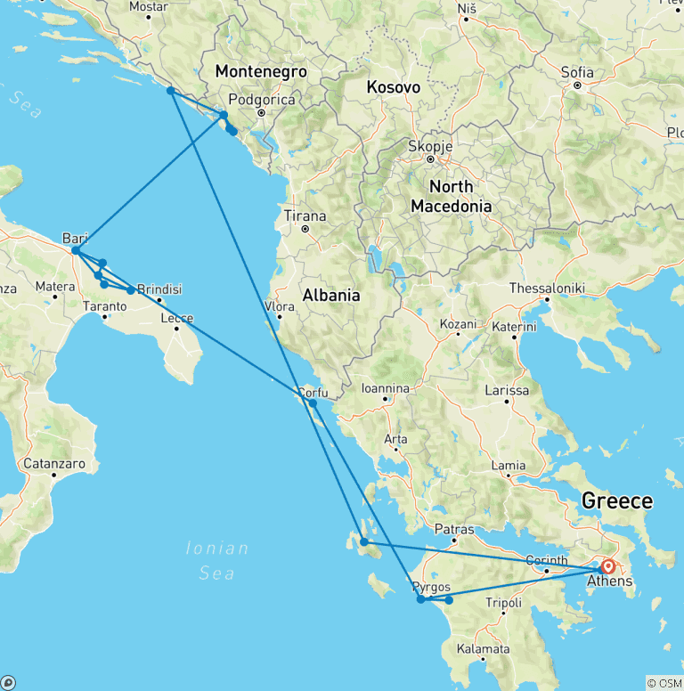 Map of Adriatic Odyssey from Athens - 10 days
