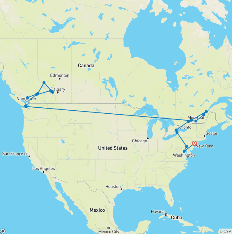 Map of Highlights of the Rockies & the Best of the East 2027