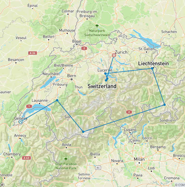 Map of Majestic Switzerland (Intra Tour Air Tax Zurich To Munich)