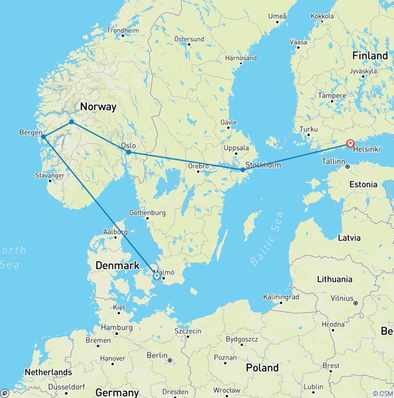 Map of SCANDINAVIAN HIGHLIGHTS Denmark, Norway, Sweden & Finland