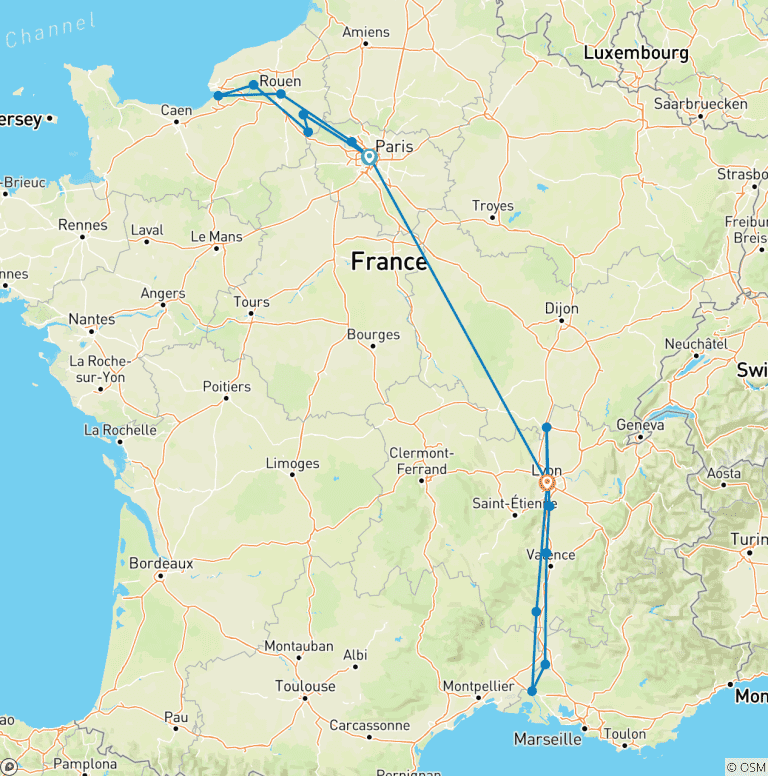 Map of Normandy & Gems of the Seine & Spectacular South of France 2026 - 21 Days (16 destinations)