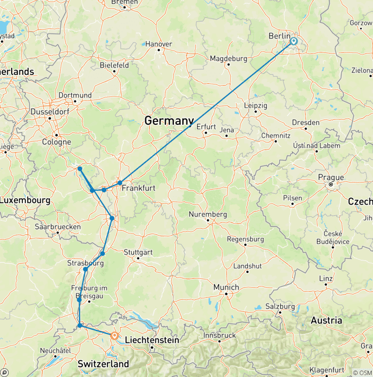 Map of Berlin & The Majestic Rhine 2027 - 11 Days (from Berlin to Zurich)