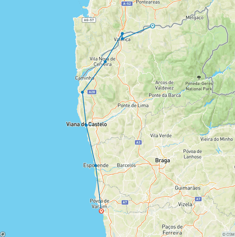 Map of Northwest Portugal family trip 7 Days