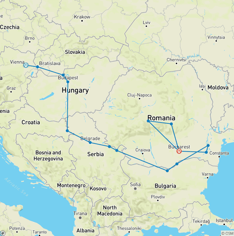 Map of Lower Danube and Transylvania Extension (Vienna - Bucharest)