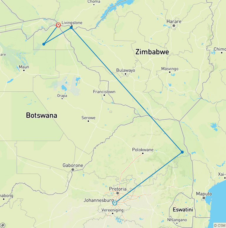 Map of 7-Day Mid-Range Kruger, Victoria Falls & Chobe Safari