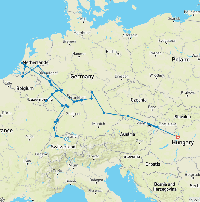 Map of Jewels of Europe & Romantic Rhine & Moselle 2027 - 29 Days (49 destinations)