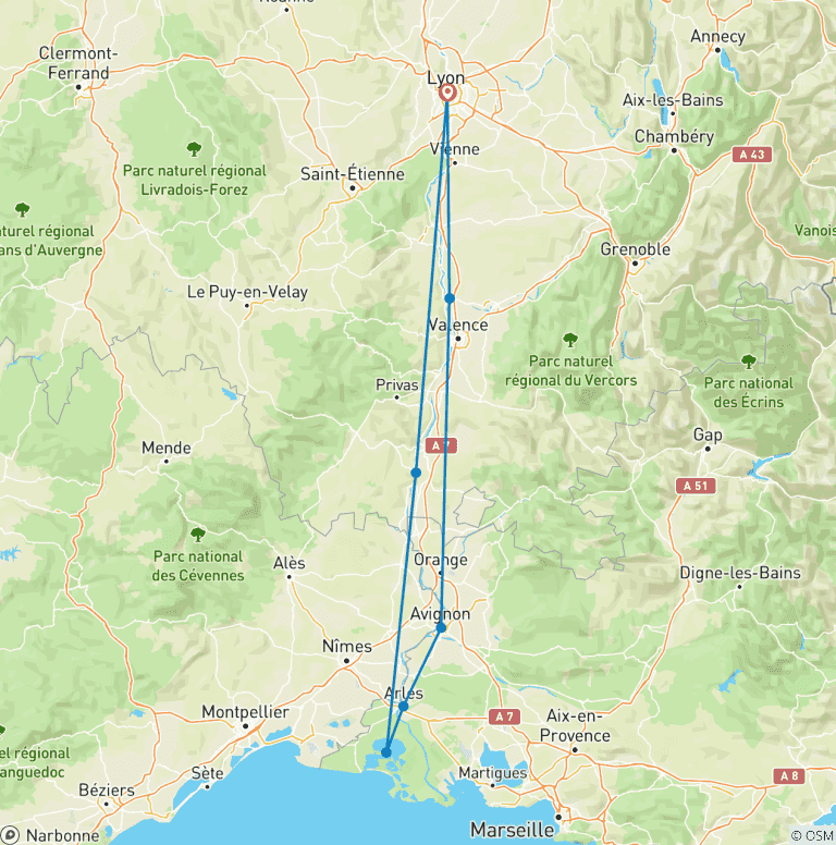 Map of Along the Rhône between Lyon, the Camargue and Provence, with a COMPLIMENTARY dinner at the Abbaye de Collonges ¿ Paul Bocuse (port-to-port cruise)