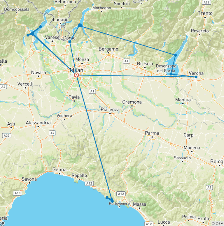 Map of Italy Northern Lakes & Cinque Terre – 6 Days